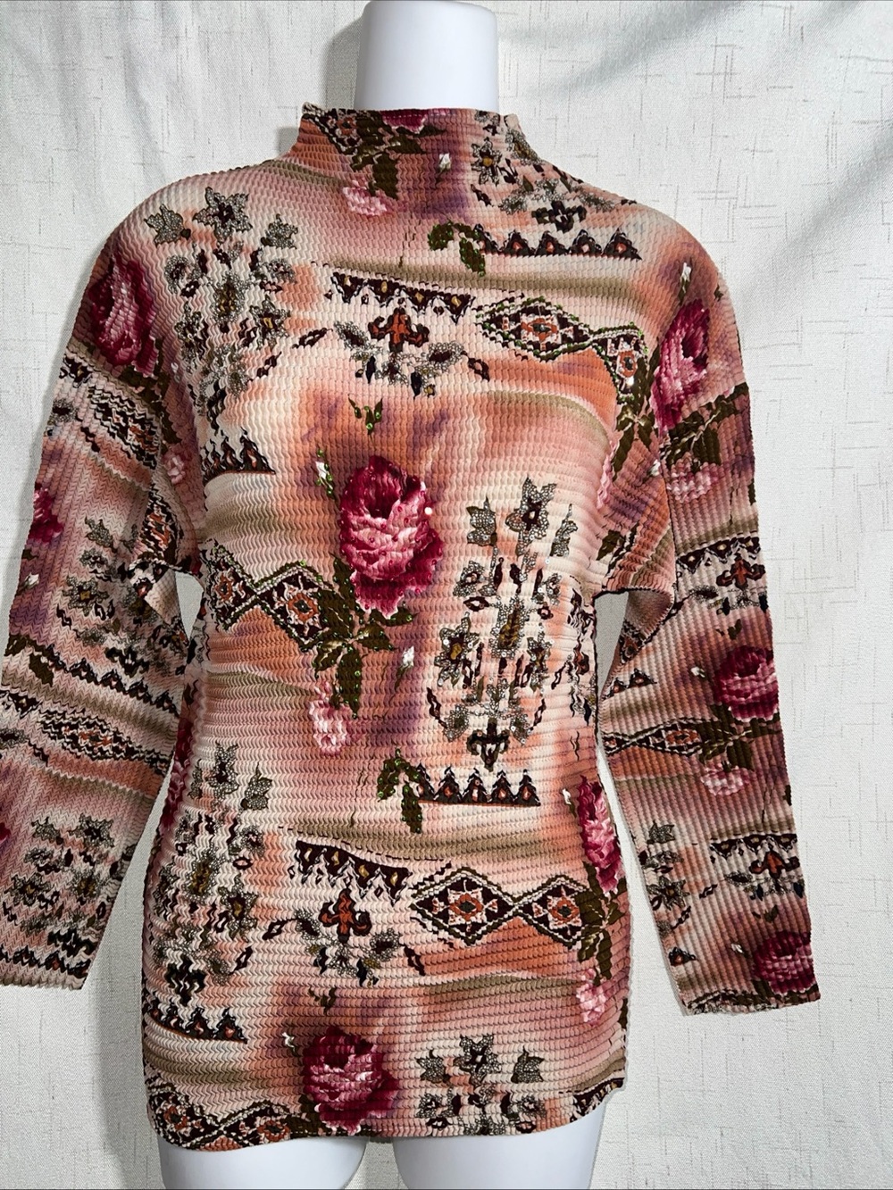 VTG Alberto Makali Floral Print Sequin Long Sleeve crinkle Top Size Small